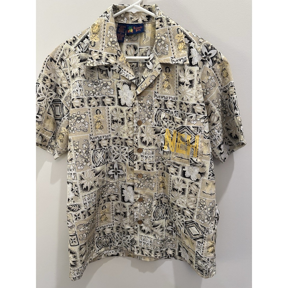 Men Vintage Roundy Bay Hawaiian shirt hula dancer print Size Medium